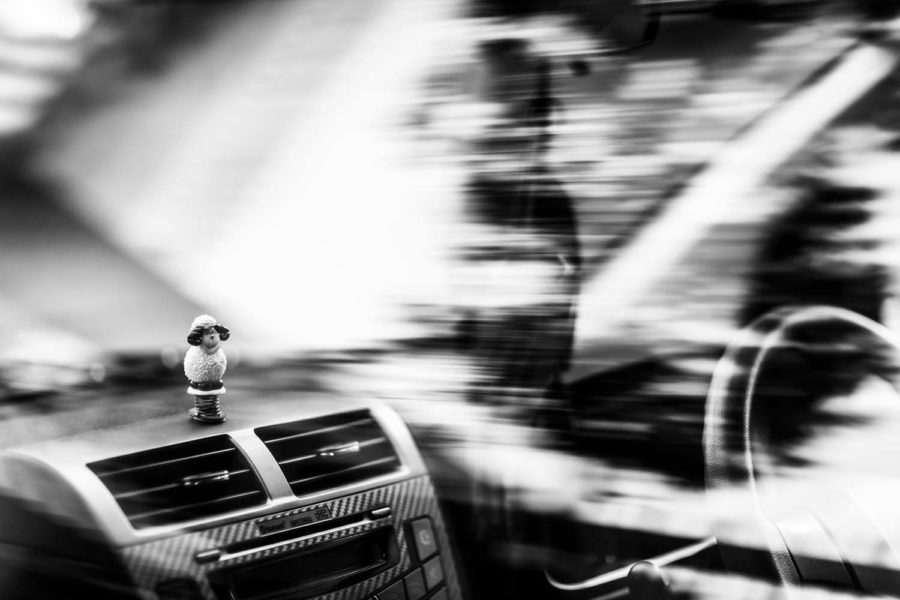 Black and white image of a happy ram sitting on a vehicle dashboard