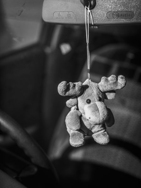 Stuffed soft toy moose hanging from a car mirror in kuala lumpur malaysia