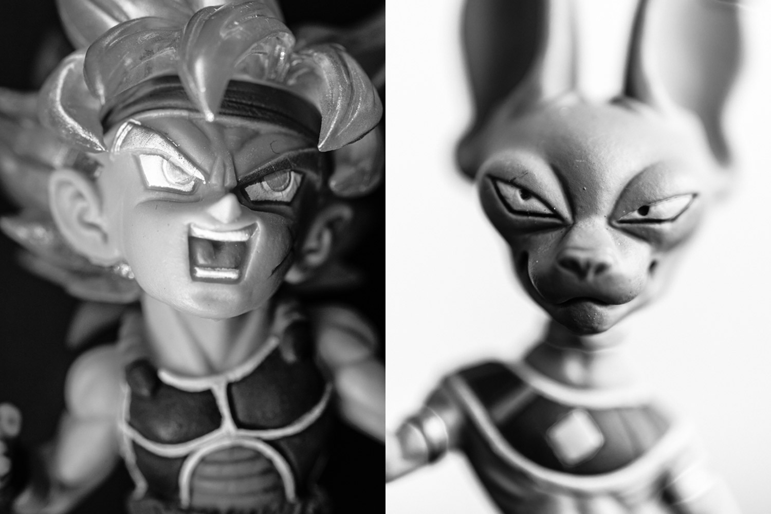 Dragon Ball Z characters Super Saiyan and Beerus posed for black and white portraits