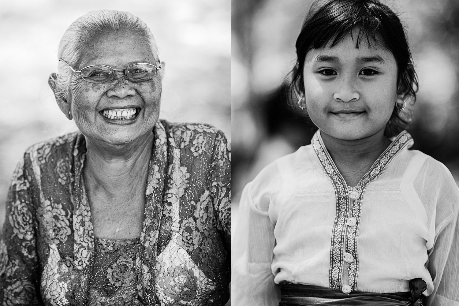Elderly woman dressed in traditional clothing smiling, and a young Balinese girl posing for her portrait