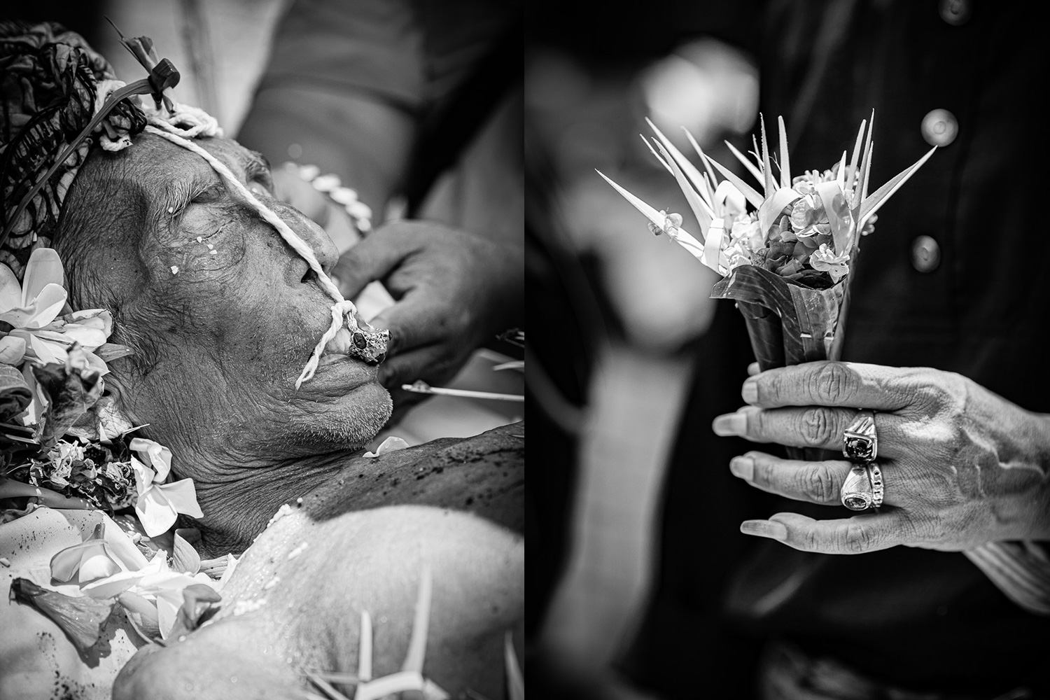 Ngaben Cremation in Bali, the string benang from his head to toe is nice and straight symbolising a good person.