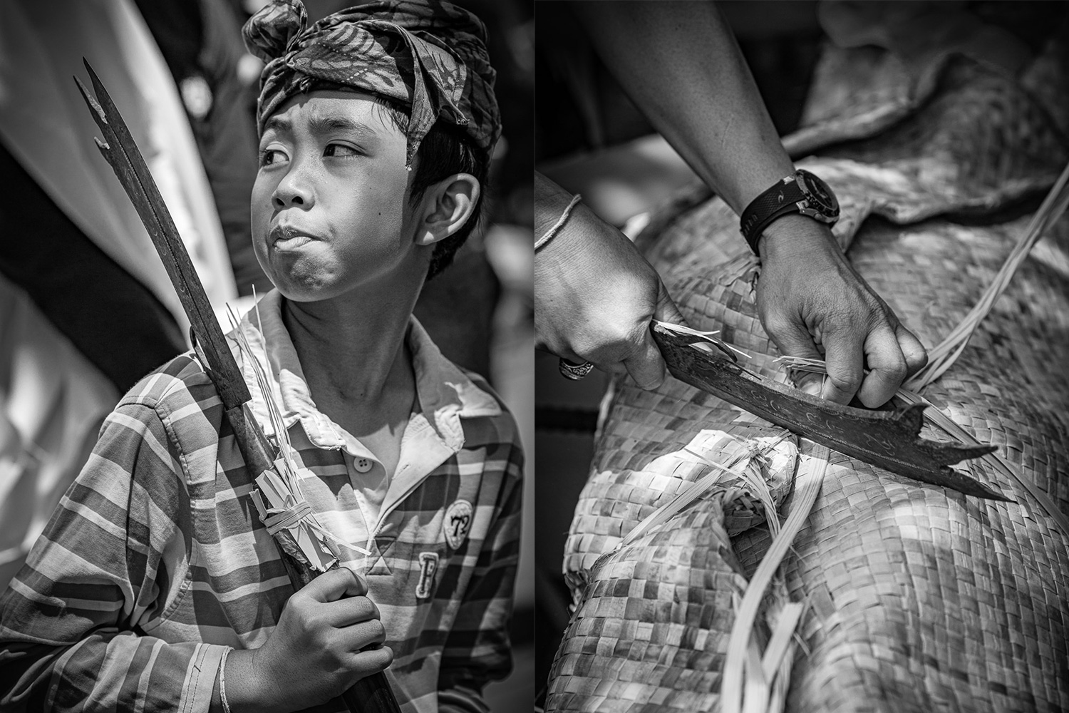 Ngaben cremation in Bali, the procession is led by a young man carrying the ceremonial knife kris which has magic powers.