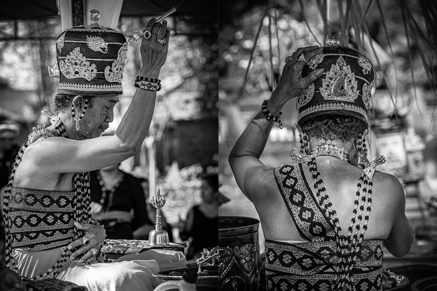 Ngaben cremation in Bali, the high priest Pedanda performs a series of mudras, or hand gestures using his bell and other paraphernalia such as a brazier.