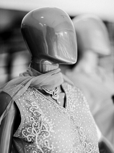 Mannequin with alien heads black and white photo