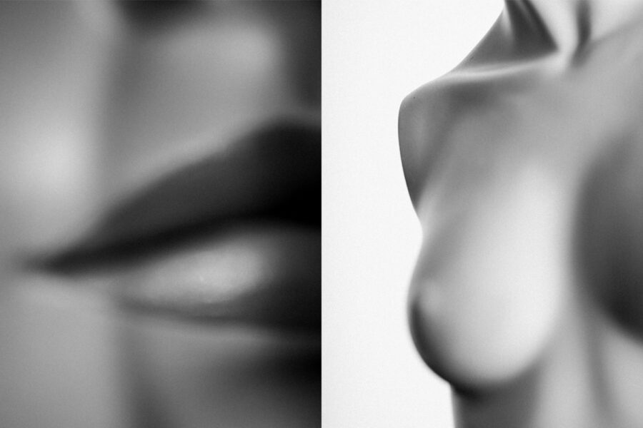 Black and white mannequin study naked torso and lips