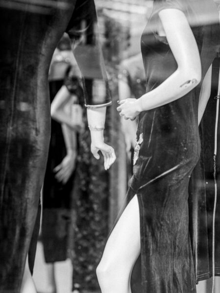 Mannequin in velvet evening dresses black and white photo