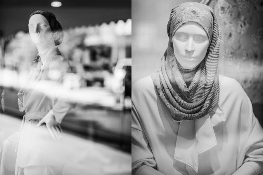 Shop mannequin modelling a headscarf in Kuala Lumpur Malaysia black and white photo