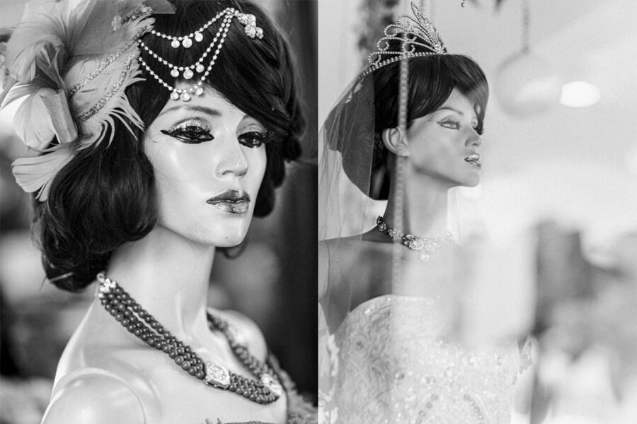 Shop mannequin modelling a wedding dress black and white photo