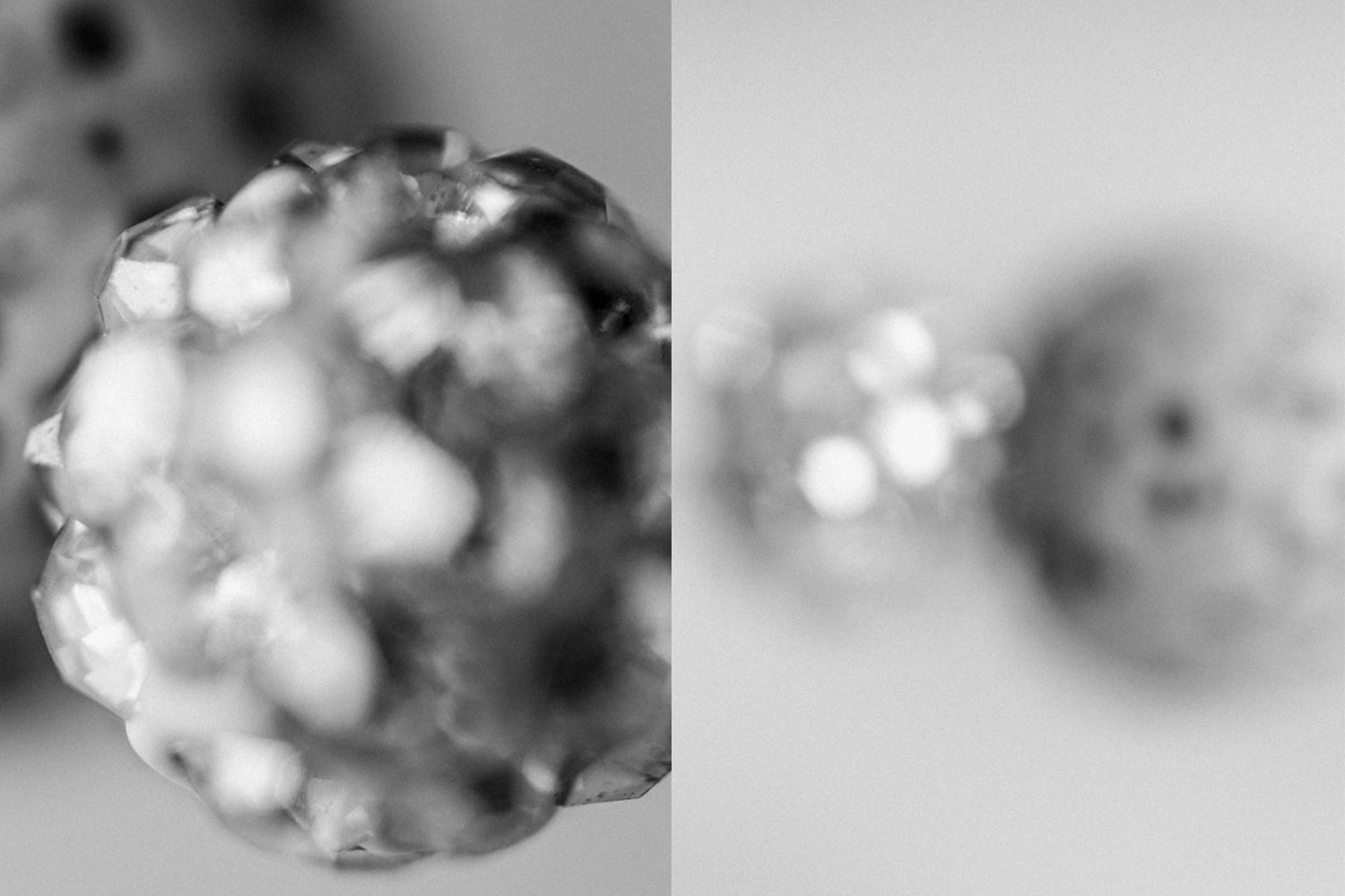 Fine art spheres in black and white. Imagery features a found glittery decorative pin.