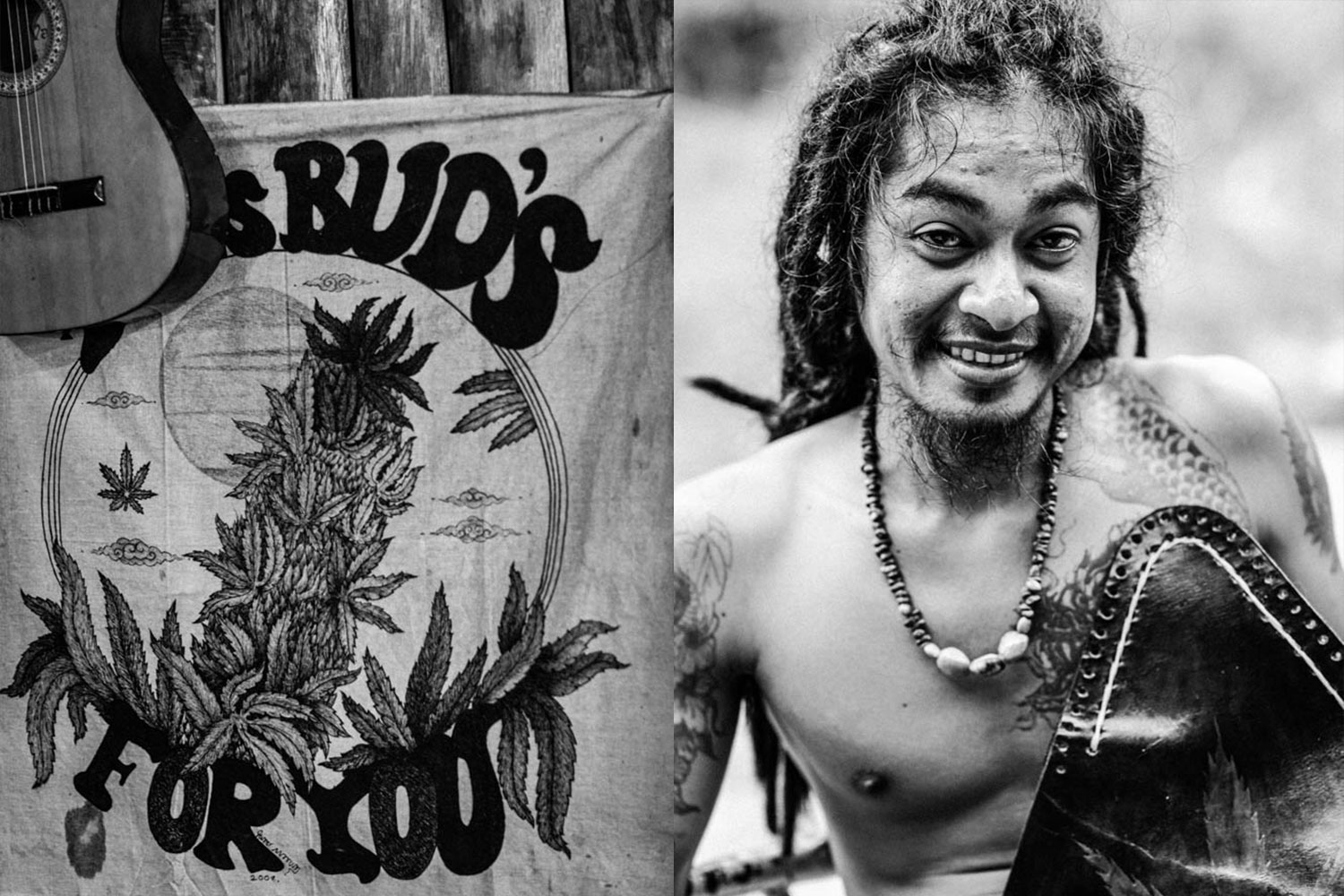 Freedom Reggae Bar Phuket black and white portrait of the owner of a leather goods shop.