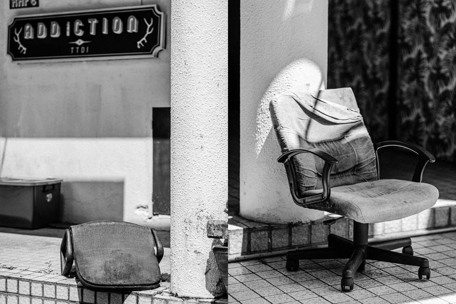 Street photography in Kuala Lumpur of an abandoned chair outside the Addiction restaurant