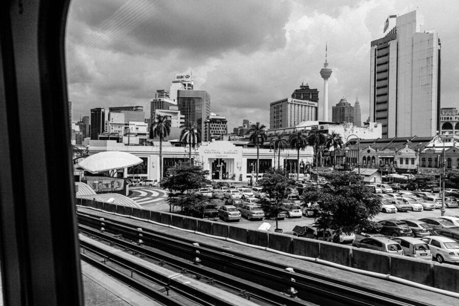 Rail view from the LRT rail train of the carpark and popular Central Market in Chinatown KL Malaysia