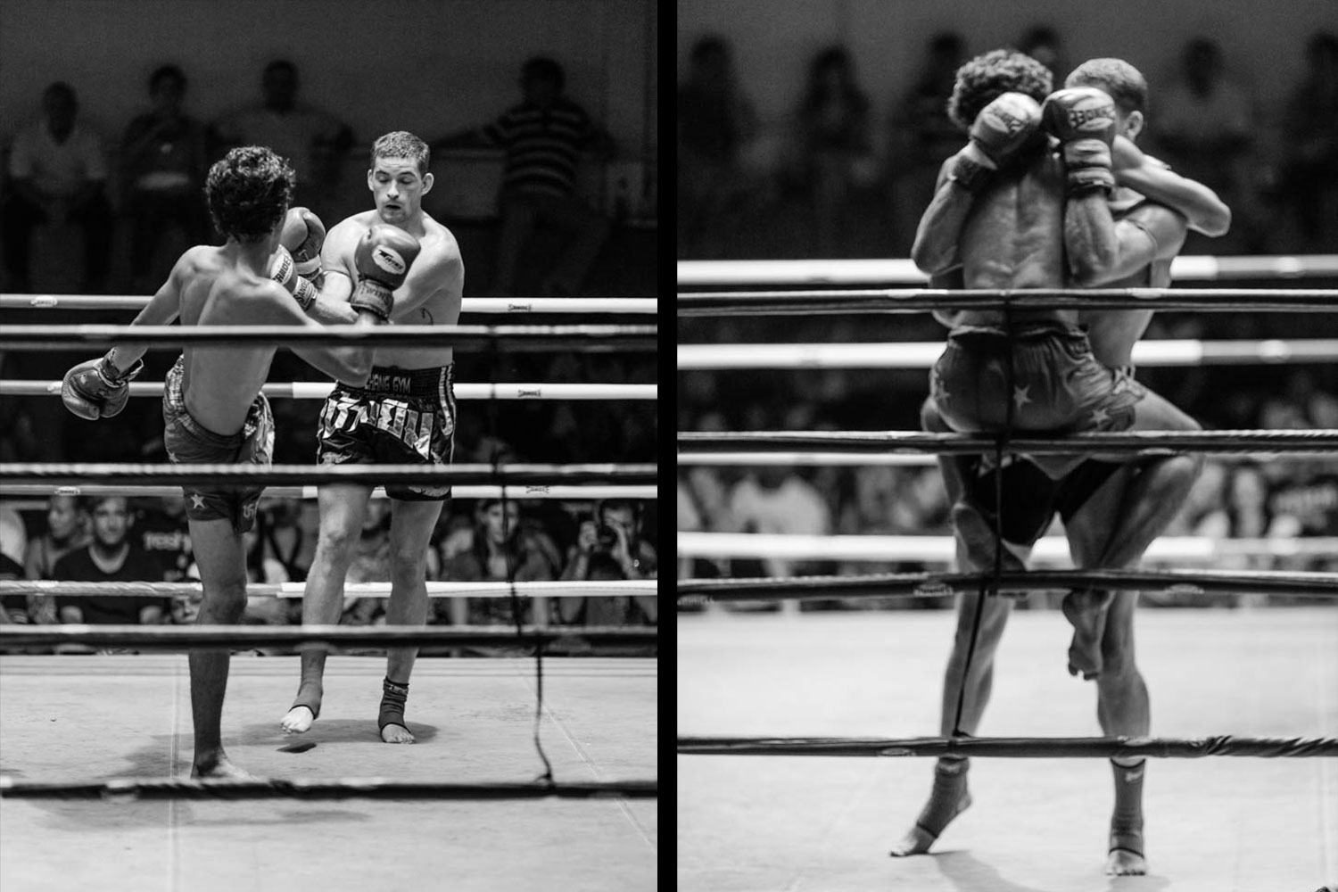 Muay Thai boxing fight between a westerner and a Thai national fighter