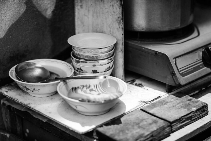 Crockery and utensils at a hawker stall in Petaling Street, Chinatown Kuala Lumpur - Malaysia