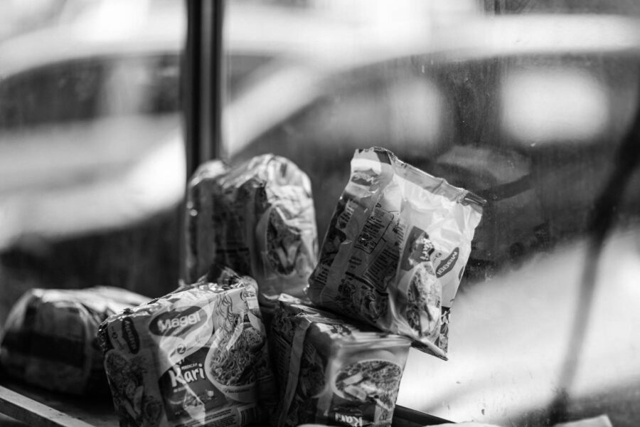 Packages of Maggi noodles at a street hawker stall in Petaling Street, Chinatown Kuala Lumpur - Malaysia