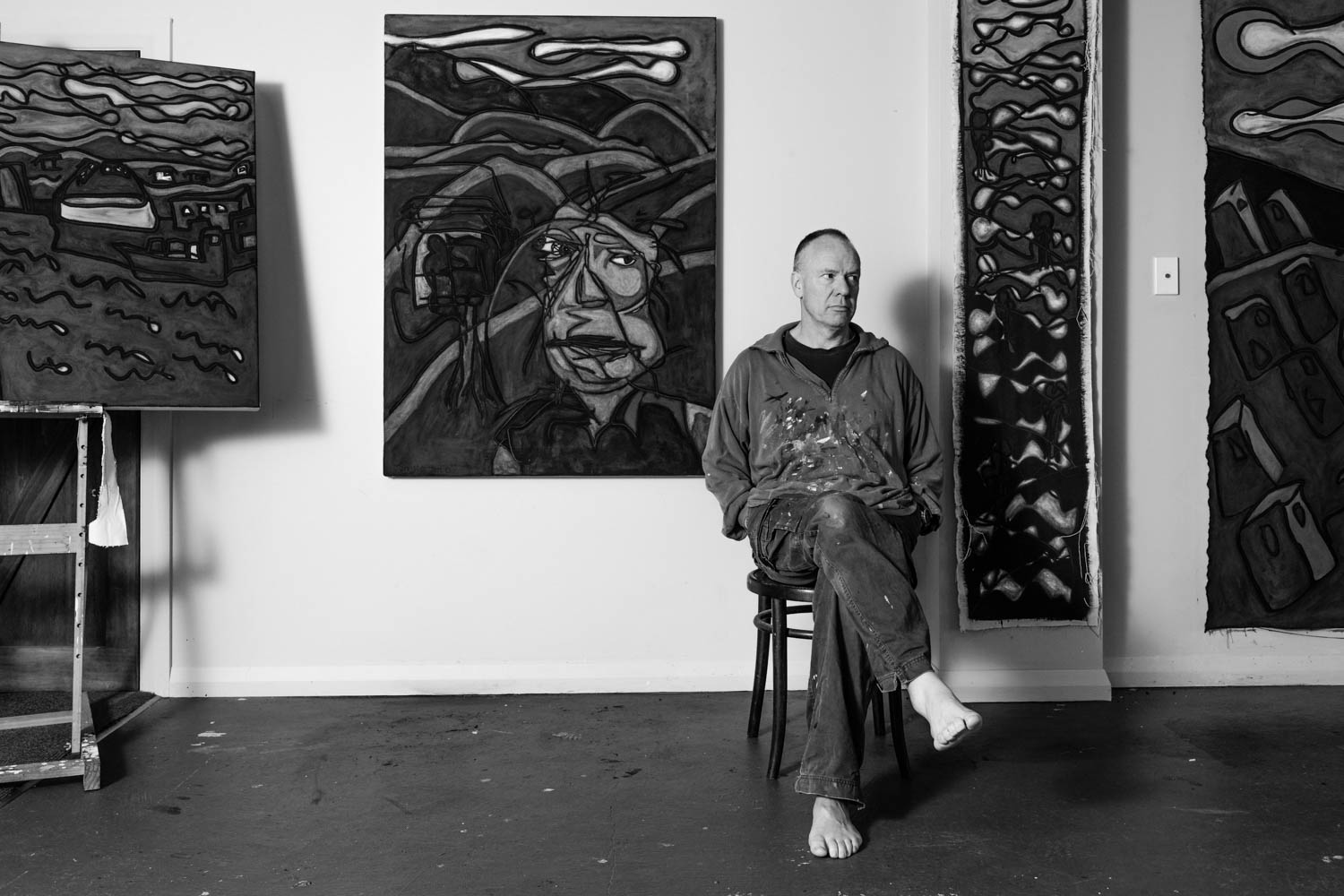 Black and white portrait photo of painter Jon Hacon