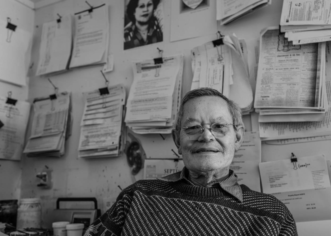Joseph in his studio amongst his paper wall filing system