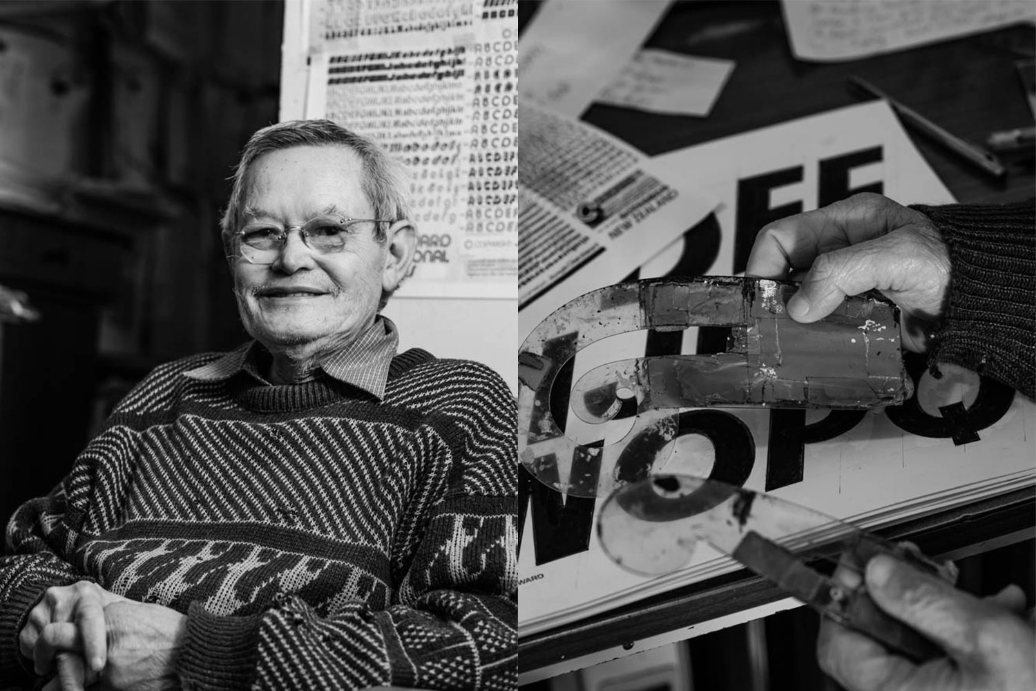 Joseph Churchward with his favourite tools for making letters.