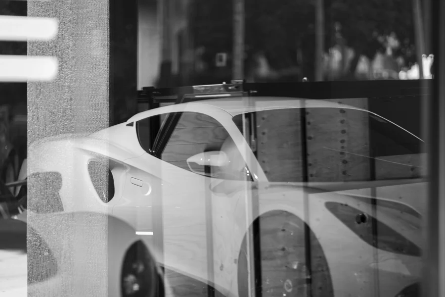 Lotus car reflection in the Newstead, Queensland dealer showroom.