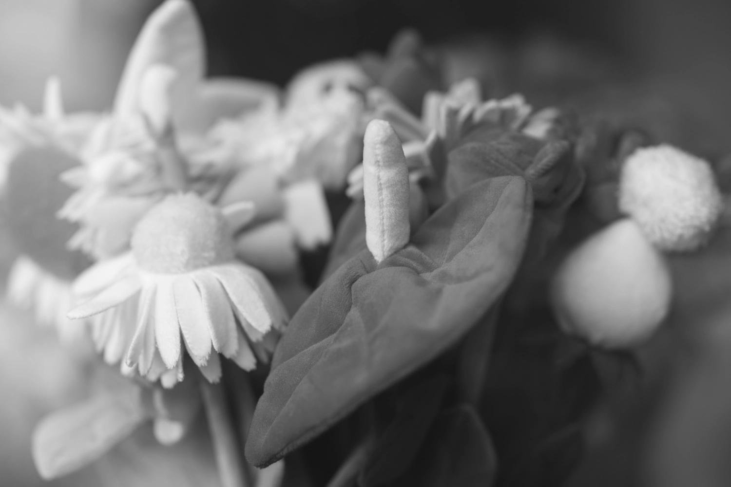 Artificial fabric flowers arranged in a cluster, a monochrome still life captured in Newstead.