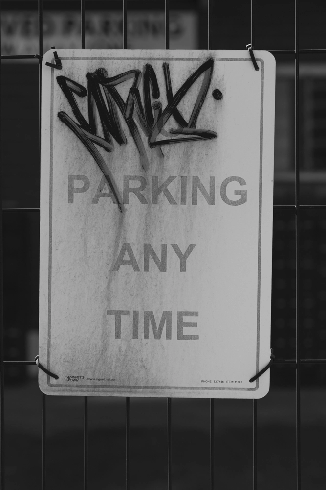Newstead street photography – altered sign changed from No Parking to Parking Anytime.